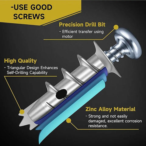 Heavy Duty Hollow Metal Wall Anchors And Screws Kit With Self Drilling Drywall Anchors In Zinc Alloy, No Predrilling Needed For 3/8 To 5/8 Inch, DIY Friendly Mounting For Shelves, Mirrors, And Artwork In Home Or Office. Zinc alloy self-drilling wall anchor with screw