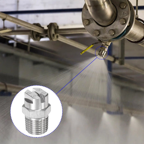Close-up of 6 Pack Flat Fan Spray Tip 80 Degree 1/4 BSPT Male Pro Grade Stainless Steel Pressure Washer Nozzle in use