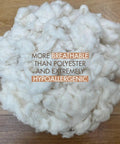 Raw Natural Cotton Stuffing 1 Lb For Pillow Filling And Crafts, Premium Combed Cotton Fiber Fill shown on wooden surface.