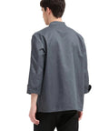 Men Professional Chef Coat Jacket Featuring Lightweight Breathable Fabric With Practical Sleeve Pocket And Sturdy Button Closure Pro Kitchen Workwear Uniform Jacket designed tough shown from the back in soft gray.