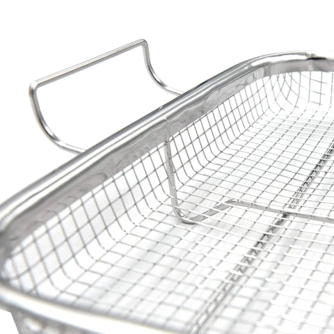 Close-up of 2 Piece Air Fryer Basket Set With Magnetic Cooking Times Cheat Sheet And Oven Reference Magnet For Over 90 Popular Air Fry Foods Stainless Steel Kitchen Accessory showing handle and mesh design