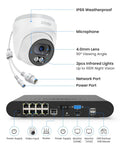 C220 8 Channel 4MP 2.5K PoE Security Camera System With 3K NVR And 2TB HDD, featuring dome camera and NVR with labeled ports.