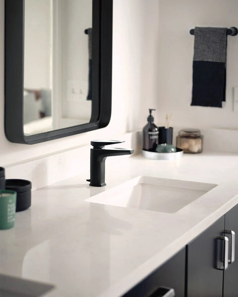 Genta LX Modern 6.8 Inch Matte Black Towel Bar For Kitchen Or Bathroom Single Bar Design visible beside sink