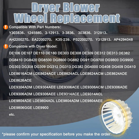 Dryer Blower Wheel Replacement Seven Point Five Inch Diameter Fits Squirrel Cage Fan Wheel For Dryer Models 312913 1245880 3-12913 3-3836 Replaces AP4294048 Easy DIY Install No Tools Needed