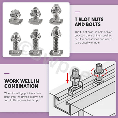 European 40 Series M8 Drop In Bolts And Nickel Flange Nuts Kit 120 Pieces showing T slot nuts and bolts installation