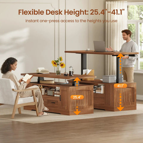 Chic 47 Inch Farmhouse Electric Lift Top Coffee Table With Storage Drawers Shelves Height Adjustable Standing Desk For Living Room Brown showing height adjustment feature.
