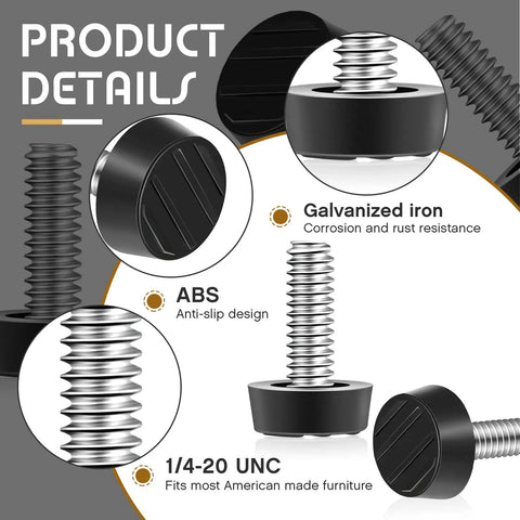 Product details of 1/4-20 UNC Adjustable Furniture Leveling Feet Kit with galvanized steel screws and ABS base close-ups