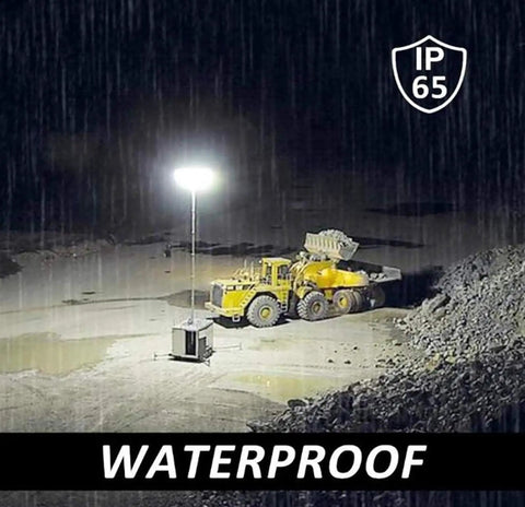 100W 2000Lm Led Work Light Rechargeable Portable Floodlight Ip65 Water illuminating a construction site during rain.