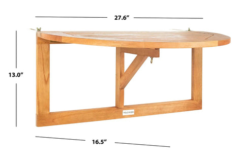 Natural Teak Balcony Hanging Half Table For Rail Mount Outdoor Space Saver Serving Shelf dimensions 16.5x27.6x13 in.