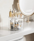 Two Tier Lazy Susan Turntable Organizer For Cabinet And Pantry Space Saver 9 Inch Rotating Spice Rack with cosmetics on countertop