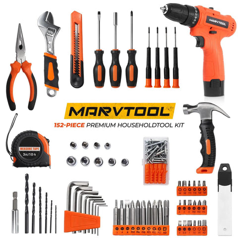 Slick Heavy Duty 152 Piece Tool Set With 12V Cordless Drill And Portable Carry Case, including wrenches, drill, and screwdrivers.