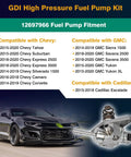 GDI High Pressure Fuel Pump Kit for GM Vehicles 2014-2020 with compatibility list and image of fuel pump beside a car