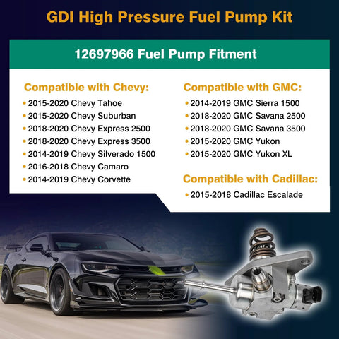 GDI High Pressure Fuel Pump Kit for GM Vehicles 2014-2020 with compatibility list and image of fuel pump beside a car