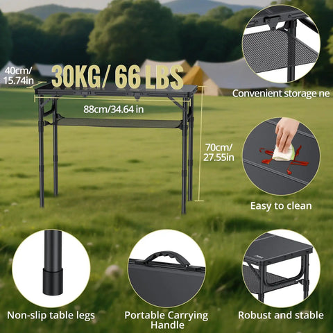 Tri Fold Aluminum Camping Table With Storage Net, Three Adjustable Heights Up To 27.5 Inches, Easy to Clean Surface