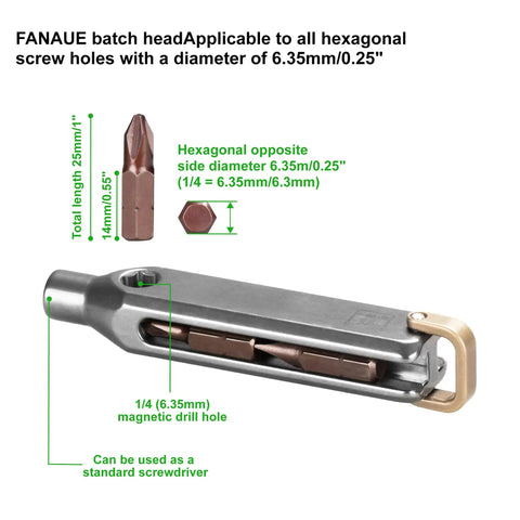 Slick Titanium Pocket Screwdriver Featuring Ten Versatile Bit Sizes Magnetic Repair Multitool And Precision EDC Gear Gotta Have Home Improvement Kit For Pro Level Quick Fixes On The Fly, showing hexagonal bit compatibility and magnetic drill hole.