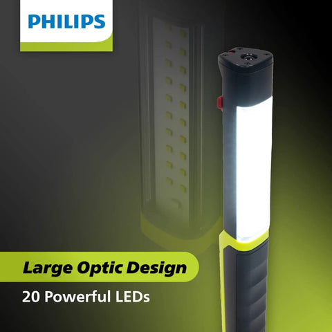 Xperion 6000 UV Pillar Rechargeable LED Work Light with Magnetic Base and Hanger Hook, shown with large optic design