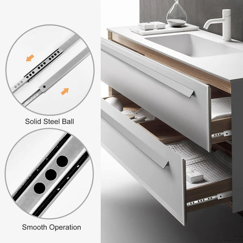 Heavy Duty Ball Bearing Drawer Slides 12 Piece Set With Bullproof Two Way Glide Tracks 13.5 Inch zinc coated smooth operation shown on drawers.