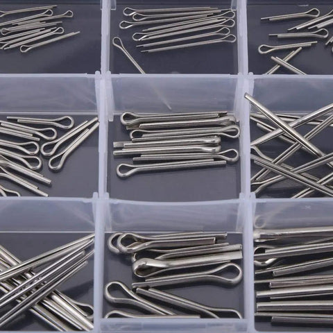 Heavy Duty Split Cotter Pin Kit 150 Pcs Set Featuring 15 Sizes M1-M3, 304 stainless steel pins in plastic compartments.