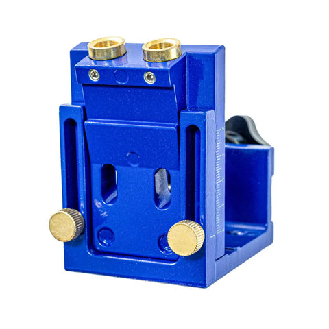 Pro Level Aluminum Alloy Pocket Hole Jig With A Precise 15 Degree Drill Angle and Smooth Adjustable 12 To 45mm Depth, front view.