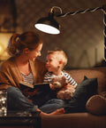 Woman and child reading under a Plug In Hanging Pendant Light Fixture With 15 Ft Hemp Rope Cord, E26 Socket, Inline Switch