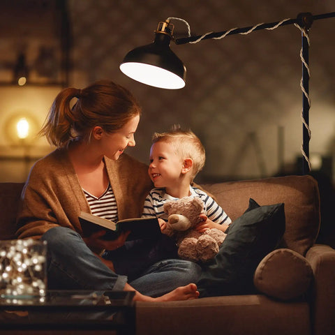 Woman and child reading under a Plug In Hanging Pendant Light Fixture With 15 Ft Hemp Rope Cord, E26 Socket, Inline Switch