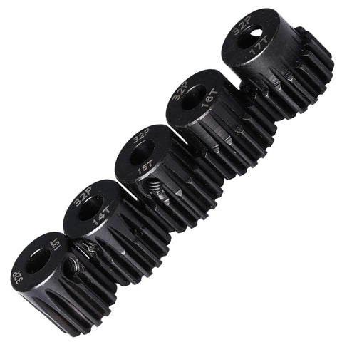 Set of Beefed Up Hardened Steel Pinion Gear Set 32P for RC Cars, 13T 14T 15T 16T 17T, 5mm Shaft Compatibility, showing five gears aligned