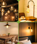Collage showcasing Vintage Edison Style LED Bulbs Dimmable ST58 E26 2700K in home settings, including pendant and table lamp usage.