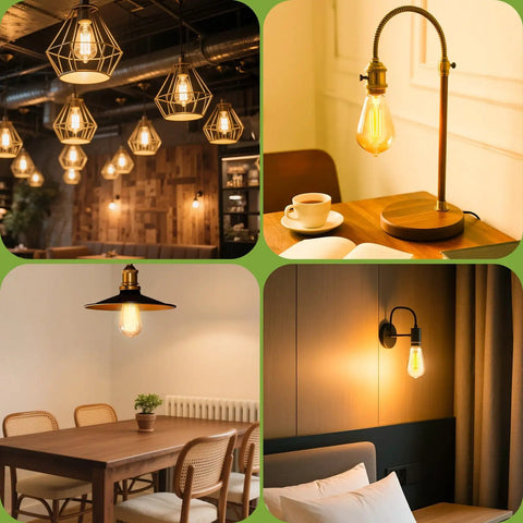 Collage showcasing Vintage Edison Style LED Bulbs Dimmable ST58 E26 2700K in home settings, including pendant and table lamp usage.