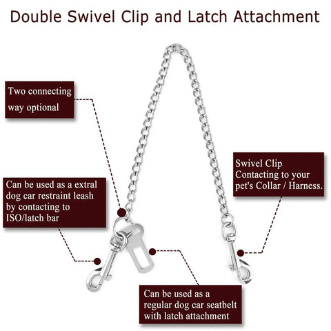 Double swivel clip and latch attachment for Badass Stainless Steel Dog Car Seatbelt No Chew Pet Safety Restraint Cable.