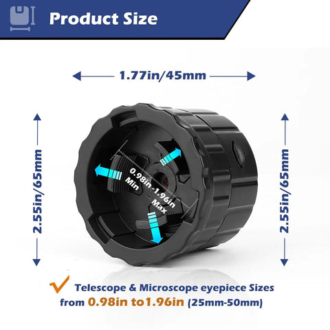 WiFi Eyepiece For Telescope And Microscope, HD 2K Image Amplifier dimensions, 25mm-50mm eyepiece fit, 45mm diameter, 65mm length