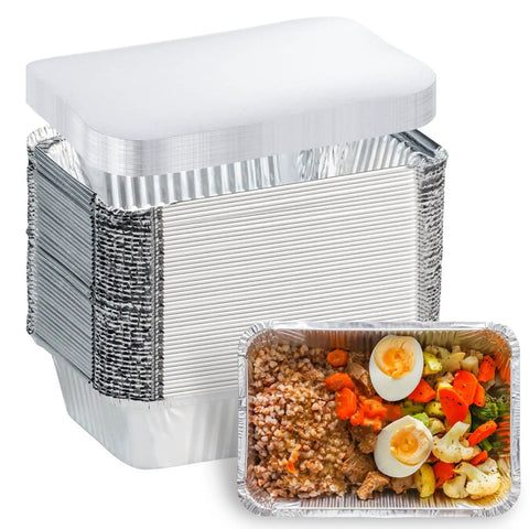Stack of Disposable Aluminum Pans With Lids 50 Pack, 8.5 By 6 Inch Top, 6.5 By 4.5 Inch Bottom, featuring meal inside