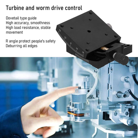 60x60mm Linear Stage Actuator with Manual Goniometer for Precision Alignment on optical equipment, black anodized finish.