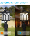 Solar Post Light Outdoor Cast Aluminum LED Lamp Fixture for Garden showcasing auto on at dusk and solar charging