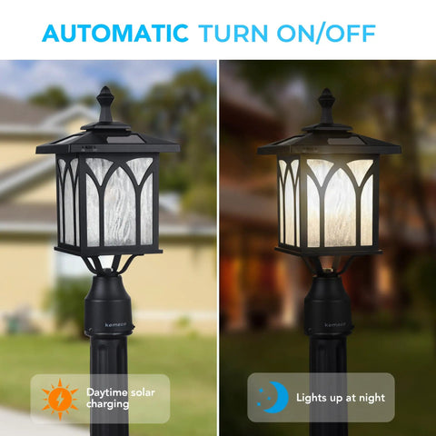 Solar Post Light Outdoor Cast Aluminum LED Lamp Fixture for Garden showcasing auto on at dusk and solar charging