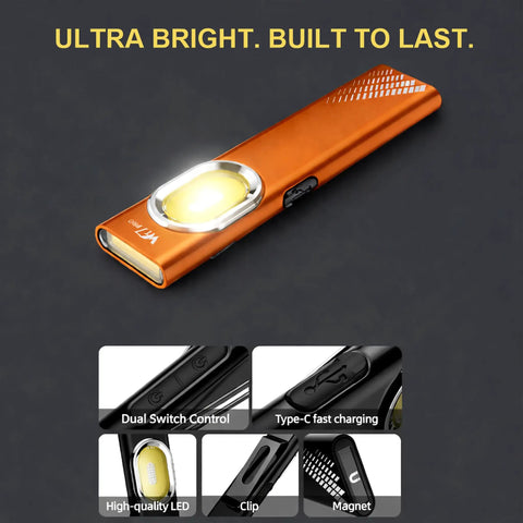 Ultra Thin Rechargeable Flashlight 700 Lumen Slim Magnetic Work Light With COB Side Light UV Light USB C Pocket EDC Flashlight