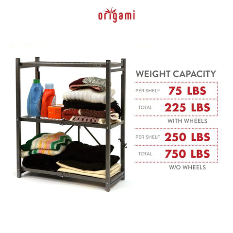 Three Tier Foldable Storage Shelf On Wheels, Heavy Duty Rolling Rack, Pewter Finish, Preassembled Portable Steel Organizer For Garage, Laundry, Shop Or Craft Room, Grab And Go Mobile Storage