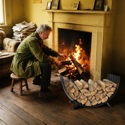 Go-To Rustproof Metal Firewood Rack For Outdoor Fire Pit And Indoor Fireplace Storage in front of fireplace