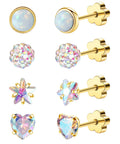 4 Pairs Screw Back Stud Earrings Set For Women Hypoallergenic 316L Stainless Steel And 14K Gold Blend 20G Flat Back Earrings Opal Heart Star Crystal Ball Cartilage Jewelry Pack Dope Everyday Accessory, gold screw-back studs