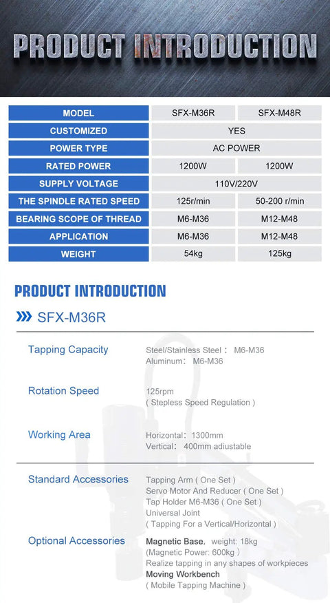 Heavy Duty Electric Tapping Machine With 1200mm Art Arm, M6 To M36 Thread Capability, 125 Rpm Speed specifications overview