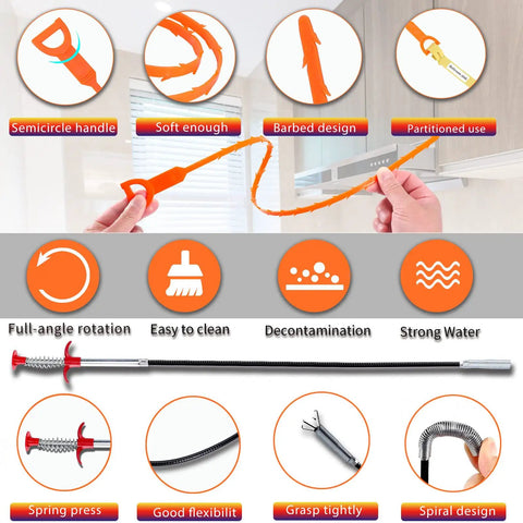 Extra Long Drain Cleaning Kit With 35.4 Inch Stainless Steel Rod And Six 25 Inch Plastic Drain Snakes For Deep Clogs details