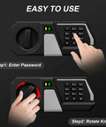Fireproof 0.8 Cu Ft Digital Safe Box With Electronic Keypad And Internal Light built tough solid steel mini safe for home office or hotel; showing steps to use electronic keypad and rotate knob.