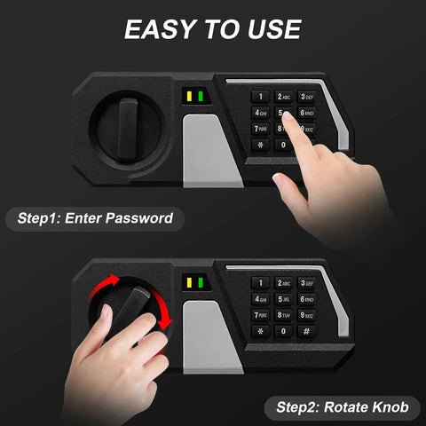 Fireproof 0.8 Cu Ft Digital Safe Box With Electronic Keypad And Internal Light built tough solid steel mini safe for home office or hotel; showing steps to use electronic keypad and rotate knob.