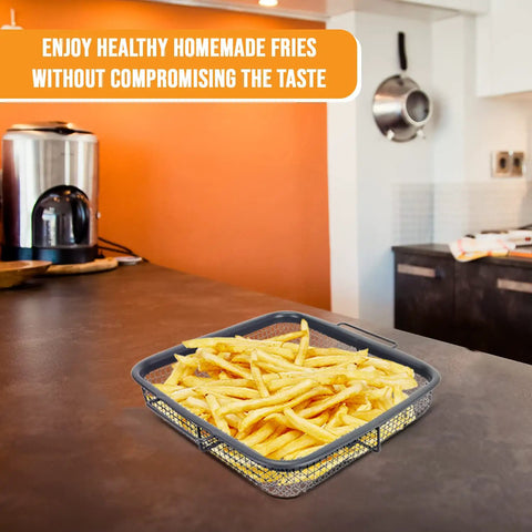 Copper finish air fryer crisping basket with fries, air fryer crisping basket and tray set with nonstick grease catcher for even cooking