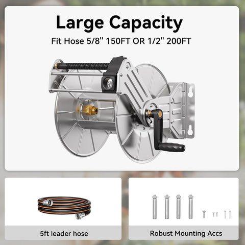 Heavy Duty Stainless Steel Garden Hose Reel With Crank Wall Or Floor Mount Retractable Hose Organizer for 150 ft of 5/8 inch hose