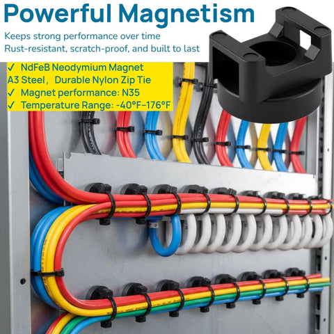 Magnetic Cable Tie Set With 25 Mounts And 200 Self Locking Ties Big Value Cable Management Kit in use organizing cables on a panel