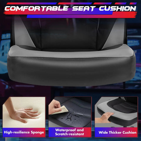 Ergonomic Gaming Desk Chair With PU Leather Upholstery showing comfy lumbar support and cushioned seat with high-resilience sponge.