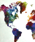 Watercolor world map tapestry showing North America in colorful hues, made from lightweight polyester for home and classroom decor.