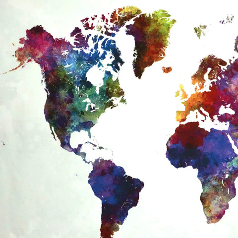 Watercolor world map tapestry showing North America in colorful hues, made from lightweight polyester for home and classroom decor.