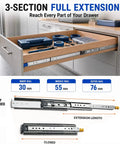 Locking Drawer Slides 3 Inch Wide Full Extension 1 Pair Beefy Steel Drawer Guides for Kitchen Cabinets, Tool Chests, and Garage Drawers with Smooth Quiet Operation and Secure Lock Mechanism showing full extension drawer rail and closed view