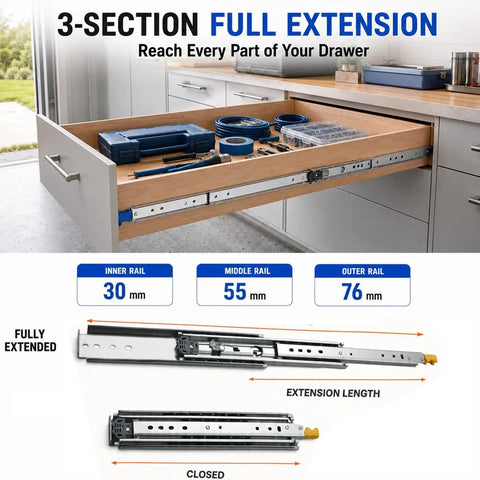Locking Drawer Slides 3 Inch Wide Full Extension 1 Pair Beefy Steel Drawer Guides for Kitchen Cabinets, Tool Chests, and Garage Drawers with Smooth Quiet Operation and Secure Lock Mechanism showing full extension drawer rail and closed view